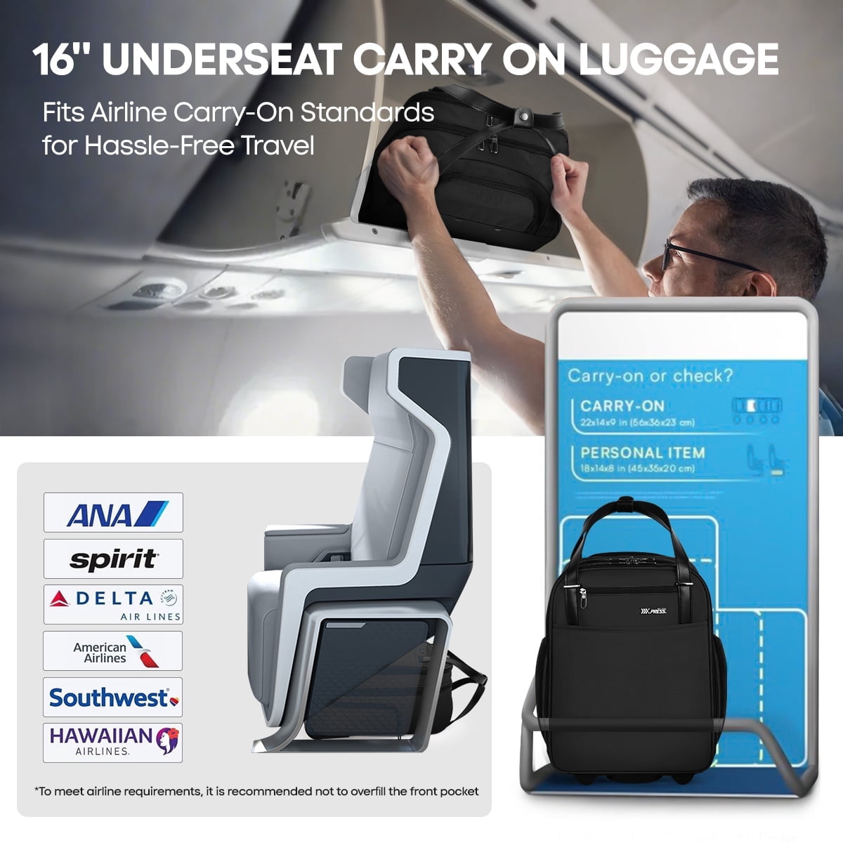 16" Underseat Carry on Luggage for Airplane, Softside Small Rolling Suitcase,Lightweight Personal Item Travel Bag, Black - XJ5011