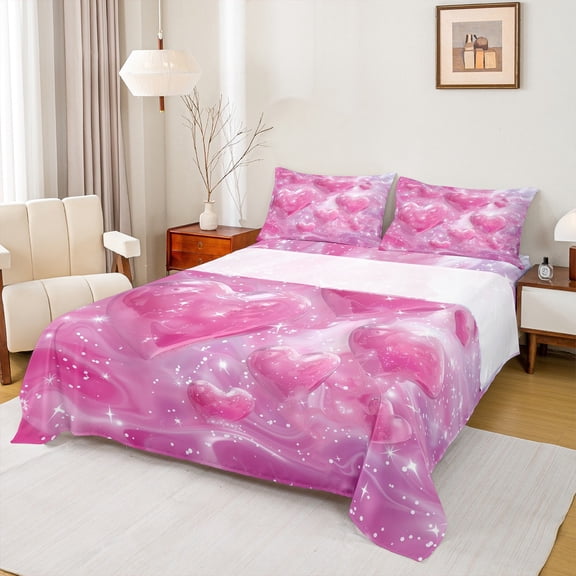 Manfei Love Heart Print Girl Twin Sheet Sets 3pcs,Dreamy Princess Twin Fitted Sheet Microfiber,Romantic Sweet Breathable Flat Sheet,Ultra Soft Home Decor