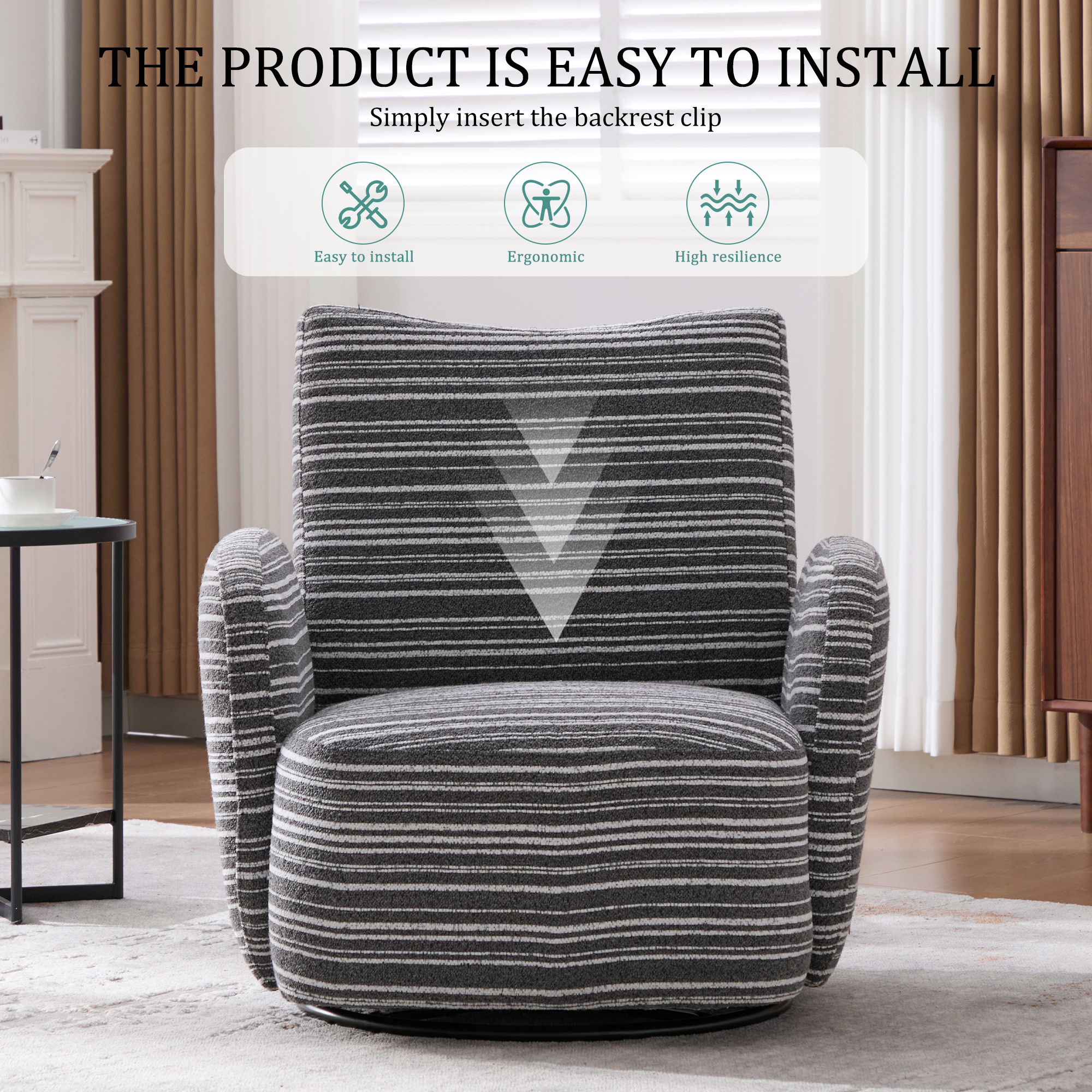 MOONMISS Boucle Upholstered 360°Swivel Fabric Striped Armrest Leisure Chair for Living room-Dark Gray