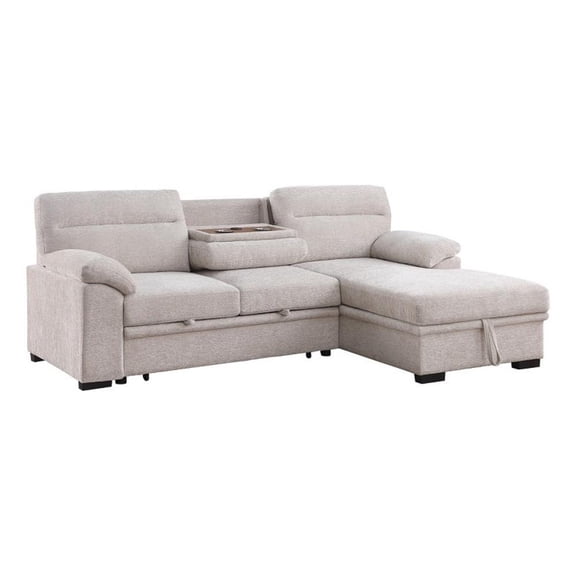 Kipling II 94"W Beige Chenille Sleeper Sect.w/RF Chaise Cupholders USB Port