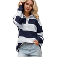 thumbnail image 2 of Women Striped Color Block Polo Sweatshirt Lapel Collared Long Sleeve Oversized Shirt Trendy Spring Clothes (Black XL), 2 of 5