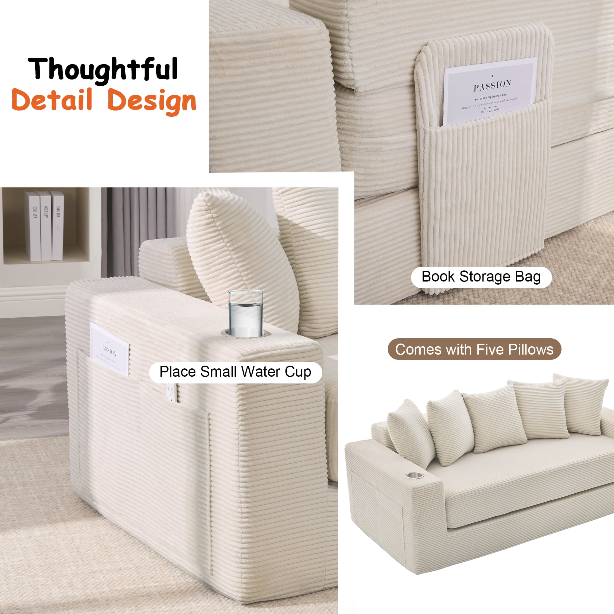 Miniyam 76" x 36" Sofa Bed, Folding Convertible Sleeper Sofa with Cup Holders, No Assembly Required Space Saving Fabric Sofa with Storage, Modern Corduroy Couch (Beige)