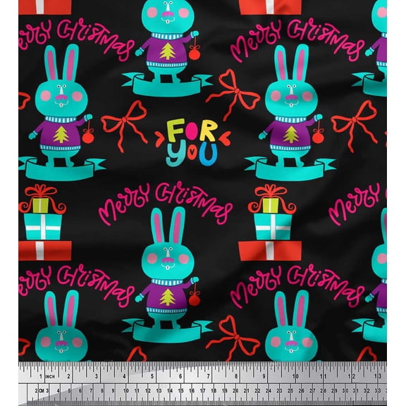 Soimoi Black Cotton Duck Fabric Text & Bunny Kids Print Fabric by the Yard 42 Inch Wide