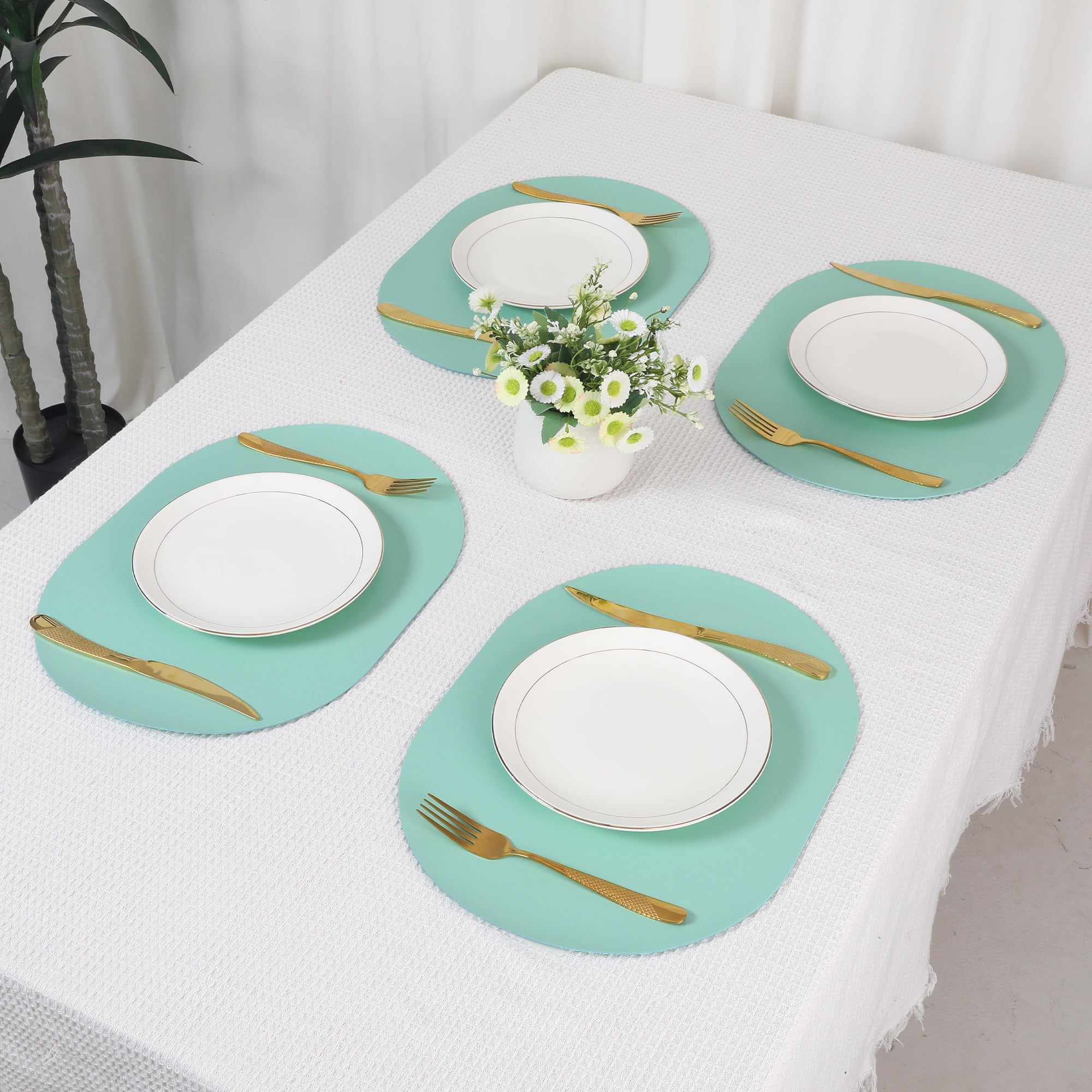 Unique Bargains Set of 6 Leather Table Placemats for Dining Table Decor Green Blue