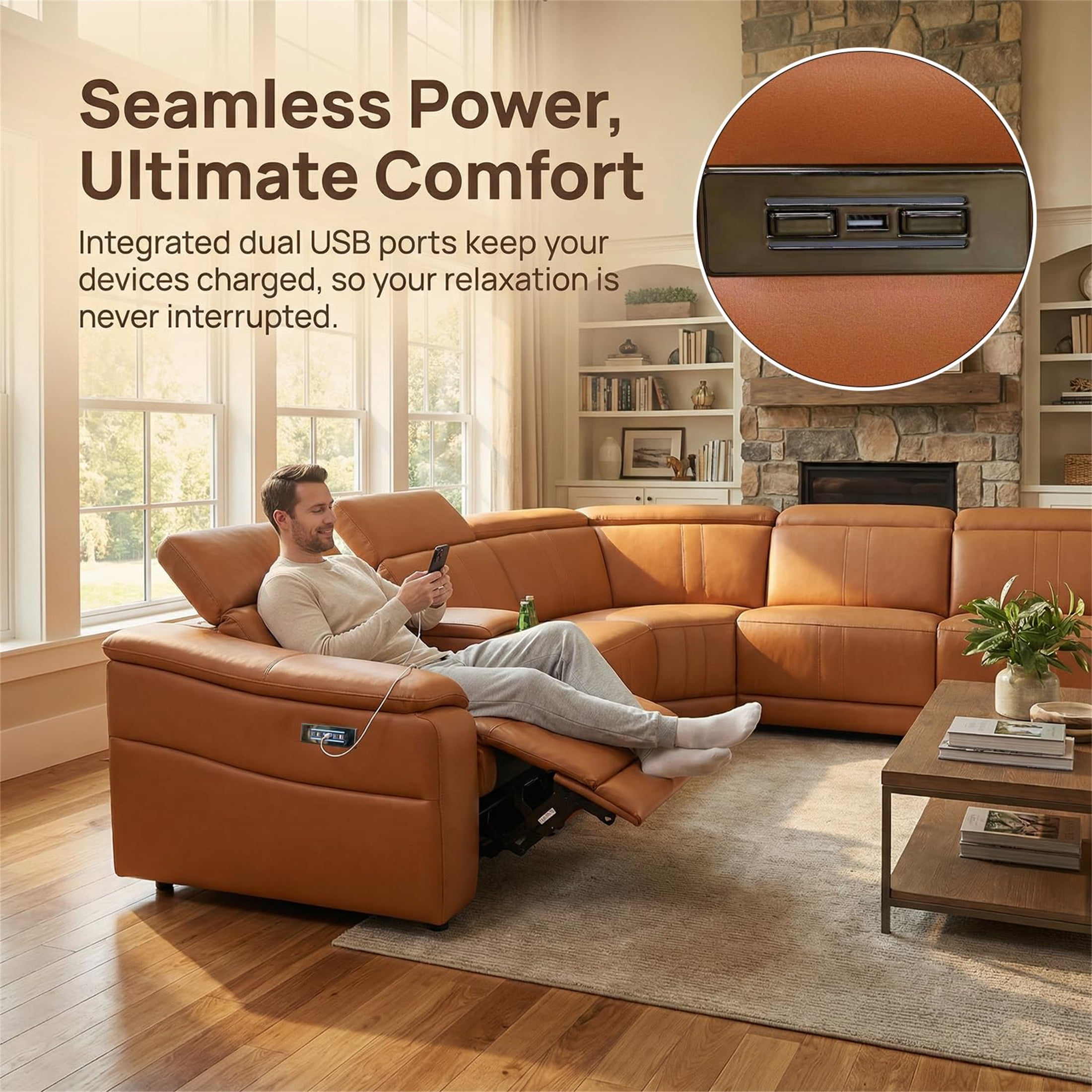 Aukfa 6-Piece Power Recliner Sofa Set Sectional Couch with Cup Holders& USB Port Storage Console, Breathing Leather, Light Brown