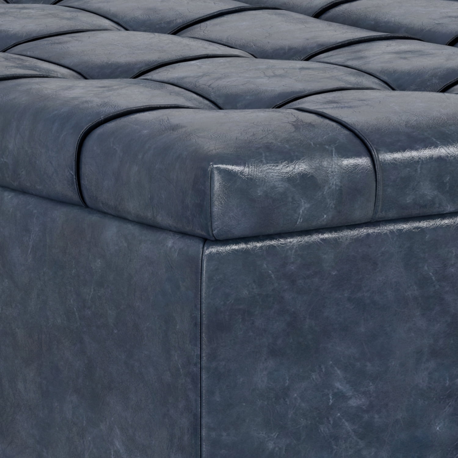 Harrison 40 inch Wide Transitional Large Square Coffee Table Storage Ottoman in Denim Blue Vegan Leather