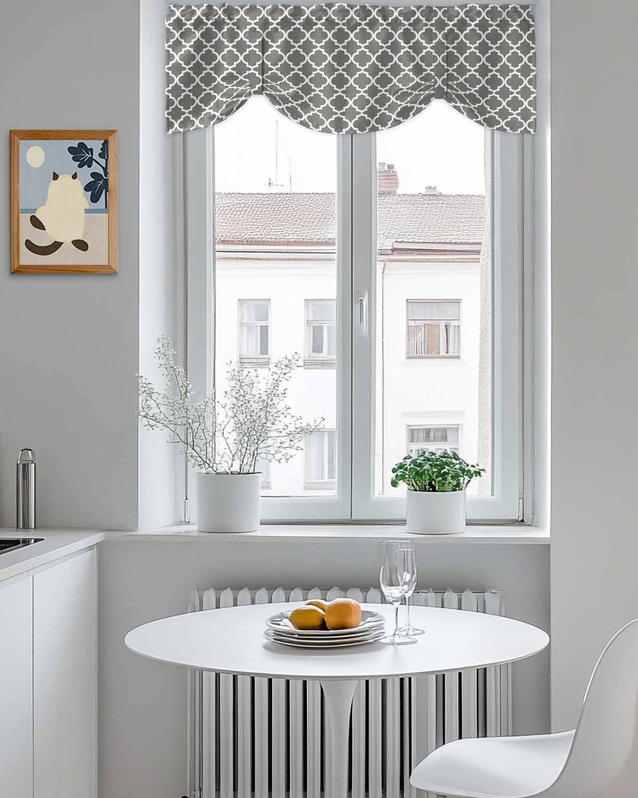 Moroccan Tie Up Valances Curtain, Adjustable Kitchen Grey Geometric Valances for Windows Decor, Rod Pocket Short Curtains Set for Bedroom/Bathroom, 54"x18"