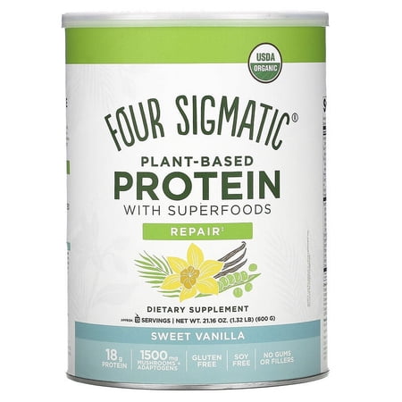 FOUR SIGMATIC Organic Plant-Based Protein With Chaga Mushroom & Ashwagandha -Supports Immune Function & Muscle Repair, Canister/Sweet Vanilla, 1.32 Pound (Pack Of 1), 21.16 Oz