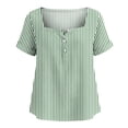 thumbnail image 4 of Yrmaups Loose Fit Short Sleeve T Shirt for Women Plus Size, Square Neck Button Down Blouse, Striped Casual Tee, Soft Stretch Top for Beach Travel Office Daily Wear, Army Green L, 4 of 8