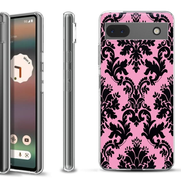 Slim-Fit Gel TPU Phone Case for Google Pixel 6a, by OneToughShield ® - Victorian Pink/Black