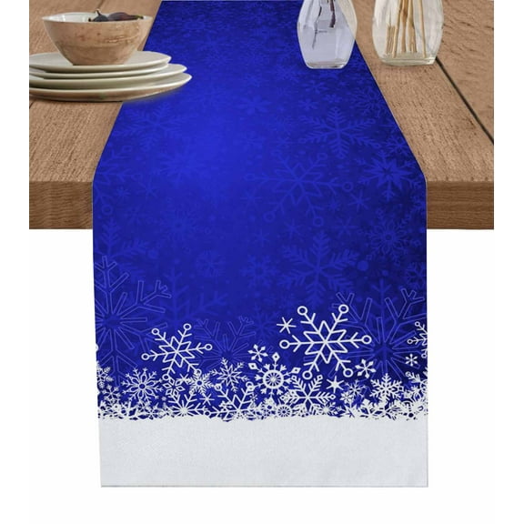 Deep Blue Snowflakes Christmas Table Runner 72 Inches, Winter Holiday Xmas Snowflake Bed Runner Dresser Scarves Tabletop for Indoor Outdoor Parties/Ceremony/Banquet, 13" x 72"