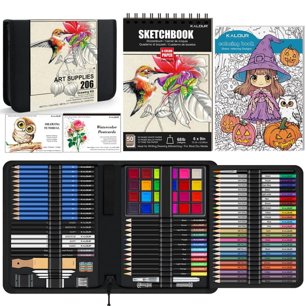 Set de dibujo KALOUR con 206 piezas, kit artístico con bloc de bocetos y tutorial