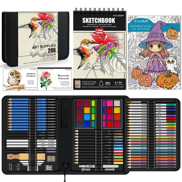 Set de dibujo KALOUR con 206 piezas, kit artístico con bloc de bocetos y tutorial