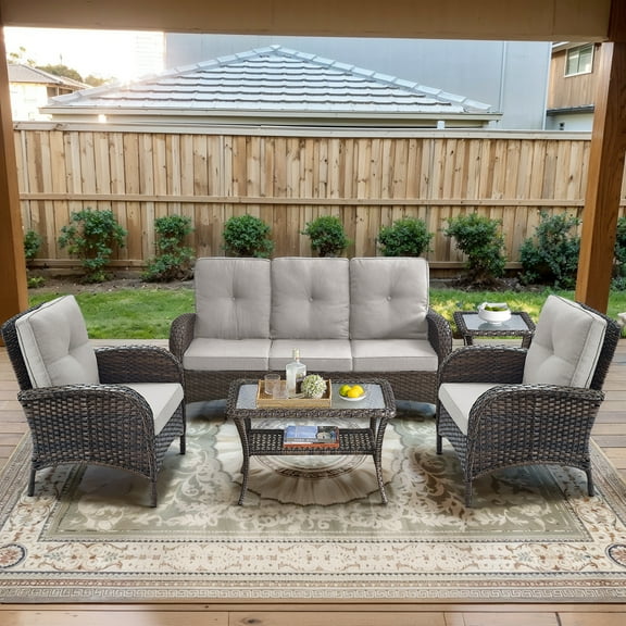 POCASSY 5 Pieces Patio Furniture Set, Wicker Patio Conversation Set with Patio Couch Wicker Patio Chairs, Deep Seat Patio Set with 2-Tier Glass Top Coffee Table for Outside Porch Deck in Beige