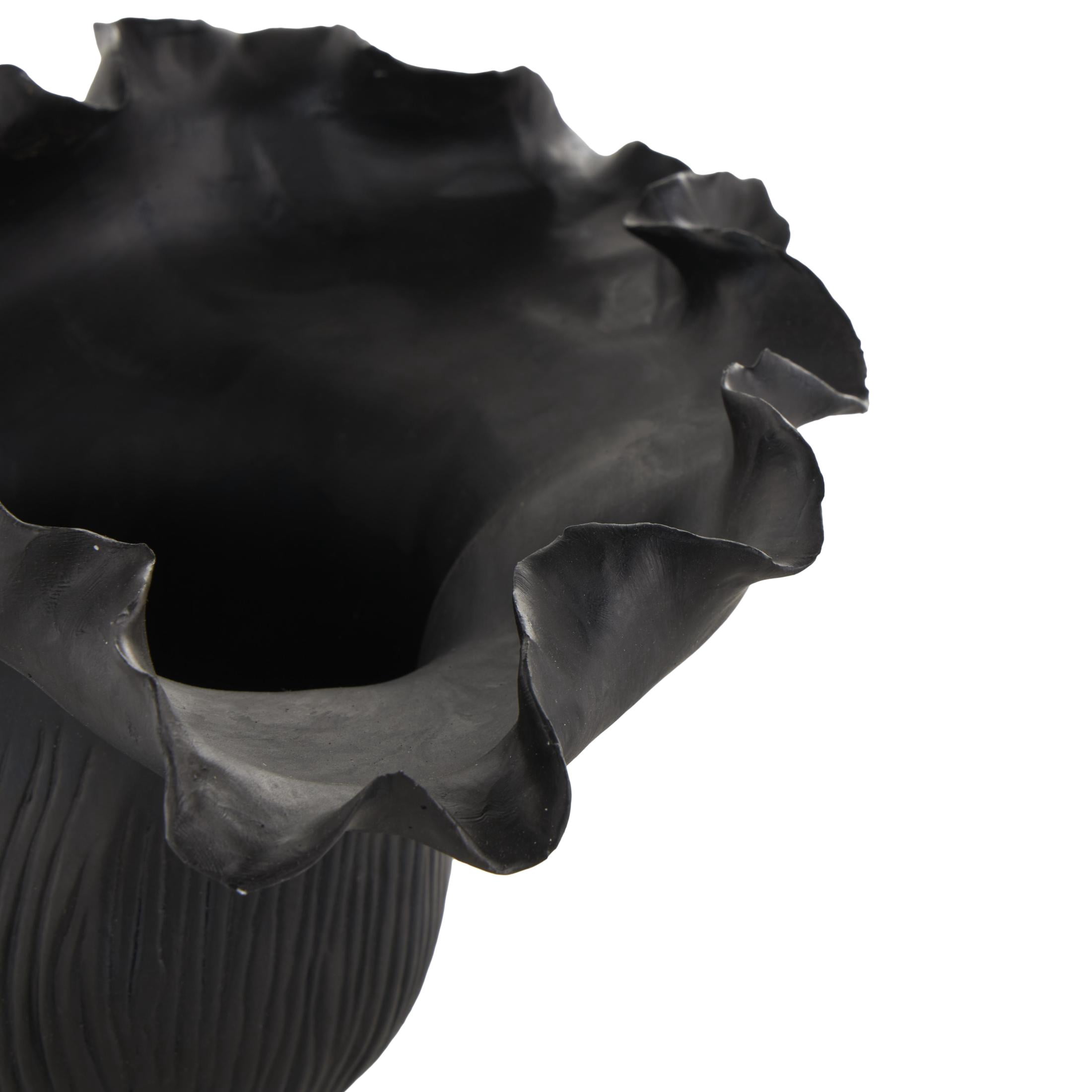 DecMode 8" Abstract Floral Inspired Black Ceramic Vase with Wavy Folded Rim and Linear Grooves