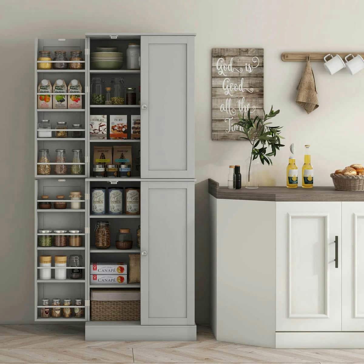 Spaco 65" Kitchen Cabinet, Kitchen Pantry Cabinet with 4 Doors and 16 Door Shelves, Storage Cabinet for Indoor as Dining Room, Gray