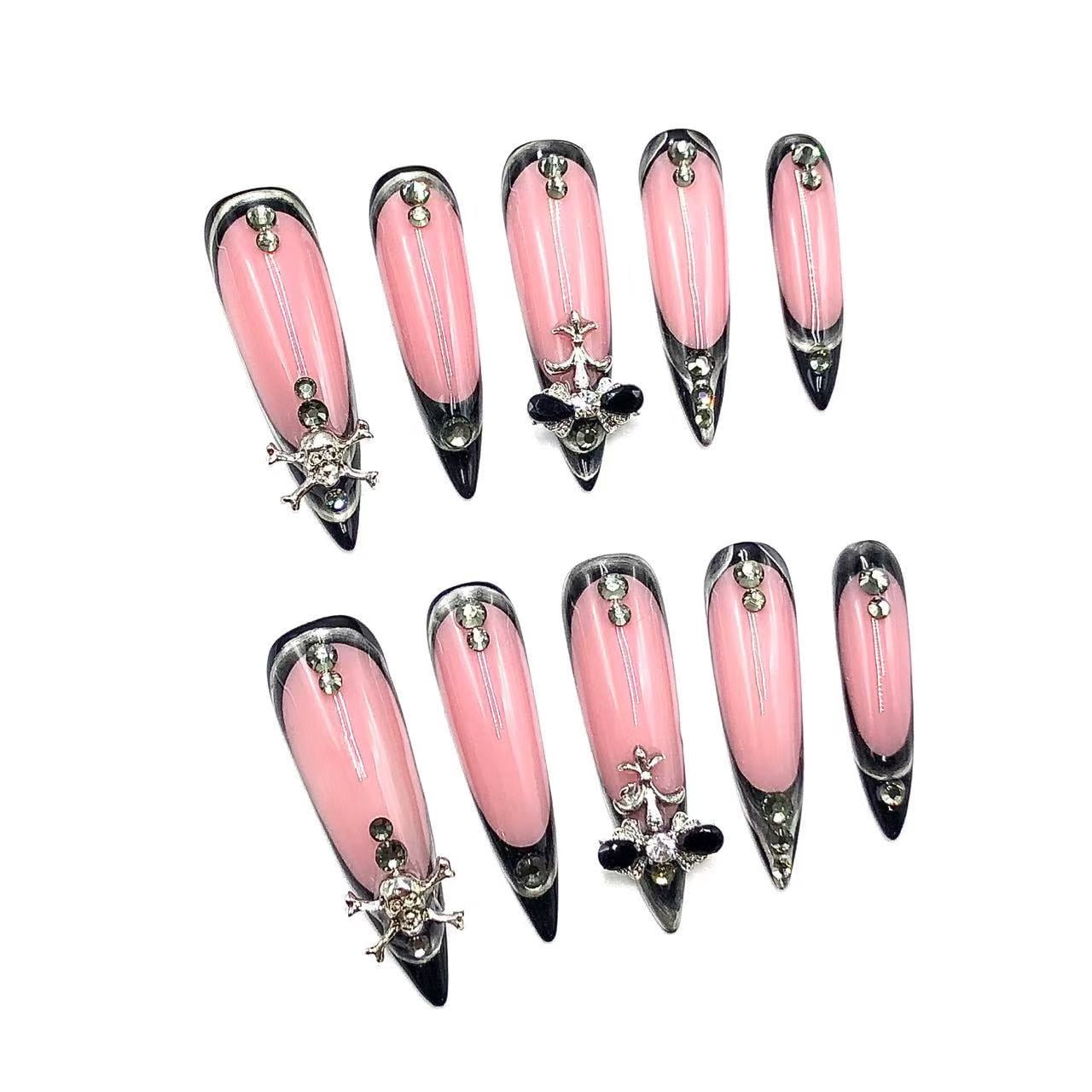 Gothic 3D Press-On Nails | Pink & Black Stiletto False Nails with Skull & Rhinestone Accents | Handmade Reusable Acrylic Nail Set