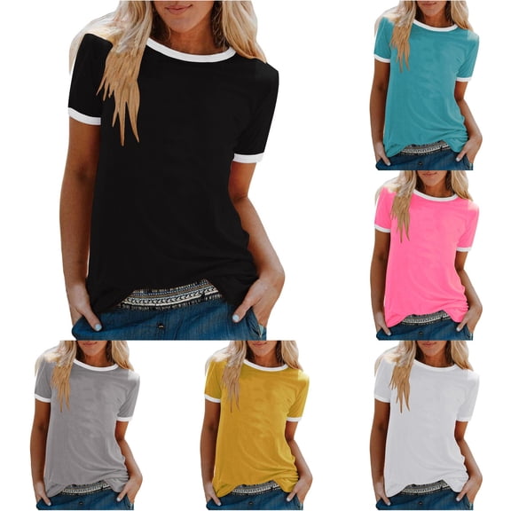 XIAONU Womens Ringer T Shirt Short Sleeve Crew Neck Everyday Summer Basic Top
