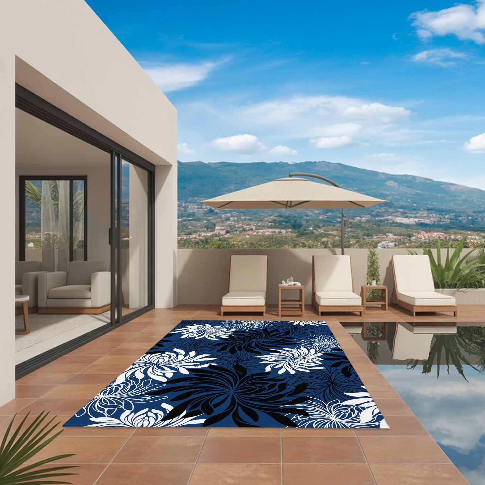 Blue Black Flowers Outdoor Rug for Patio/Deck/Porch, Non-Slip Large Area Rug 5 x 7 Ft, Modern Abstract Blooms Floral Indoor Outdoor Rugs Washable Area Rugs, Reversible Camping Rug Carpet Runner