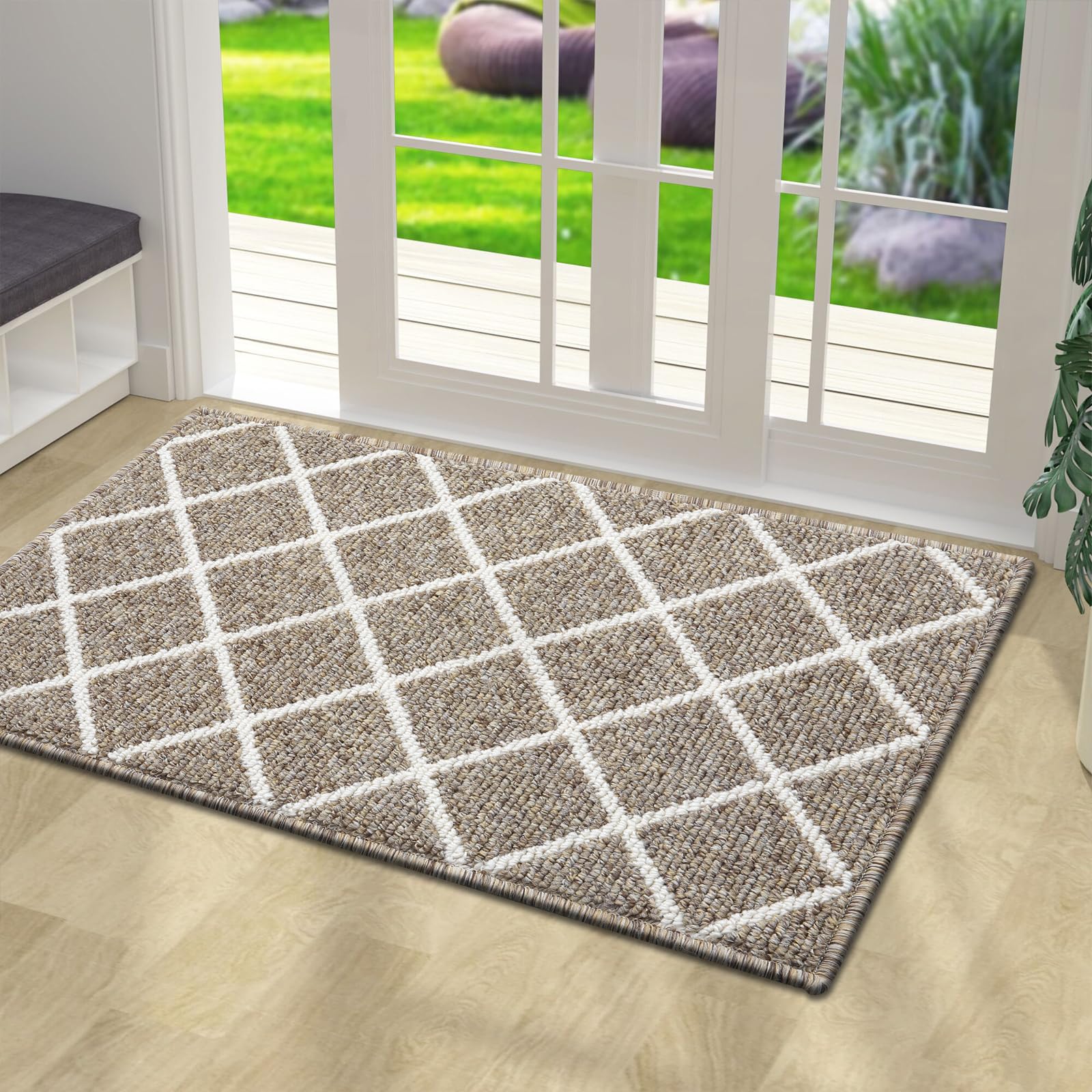 Buganda Indoor Door Mat, 24"x 36", Non Slip Low-Profile Entrance Rug Front Inside Doormats Dirt Trapper Entry Door Rugs for Entryway, Khaki