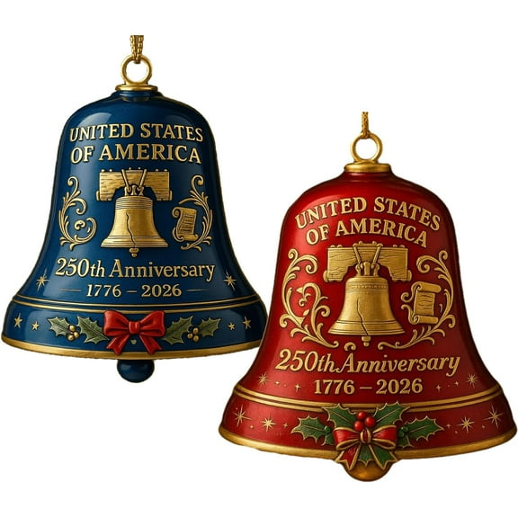 A bell ornament commemorating the United States' 250th anniversary, a metal hanging bell Christmas tree decoration, a vintage-style cast metal doorbell ornament, handcrafted for your home or garden,