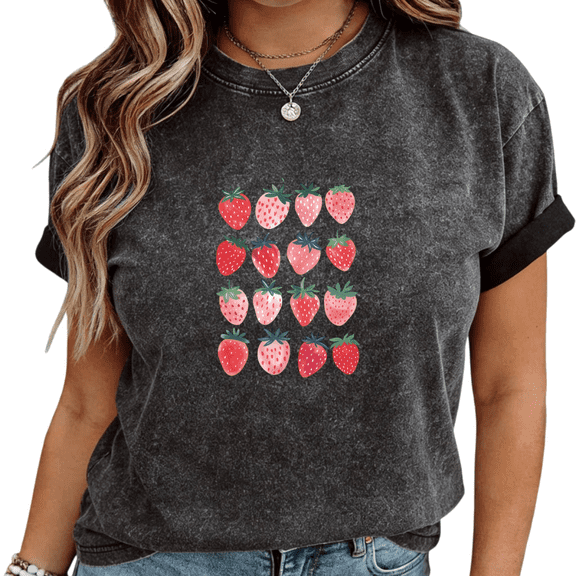 Mineral Wash Black Strawberry Grid Print T-Shirt Women's Casual Loose Fit Cute Fruit Aesthetic Short Sleeve Tops S-2XL