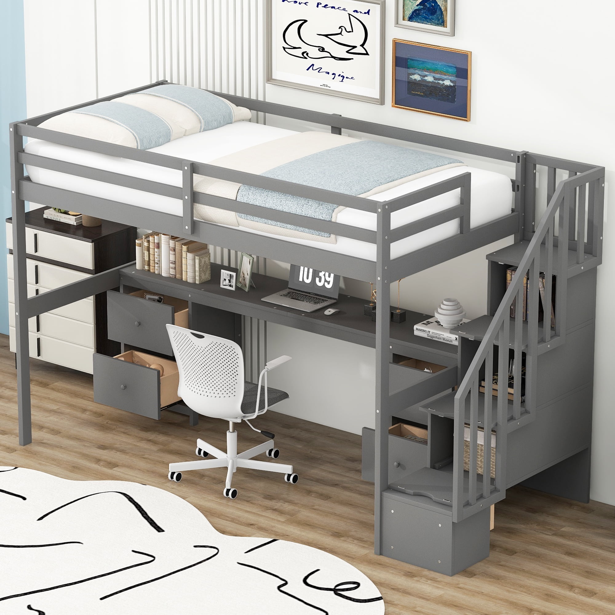 Homiyad Twin Size Loft Bed Frame with Built-In Desk and Double Storage  Drawers,Gray - Walmart.com, image size:2000x2000