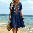 thumbnail image 5 of Bxsruta Women's Embroidered Cotton Casual Bohemian Smock Dress V Neck Short Sleeve Loose Flowy Midi Length with Pockets Pull on Lightweight Breathable Summer for Women, 5 of 7