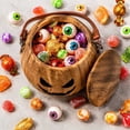 thumbnail image 5 of Halloween Wooden Pumpkin Candy Bucket with Leather Handle, Hollow Jack O Lantern Treat Bucket, Rustic Candy Holder for Halloween Party Decor, Trick or Treat Basket, 5 of 5