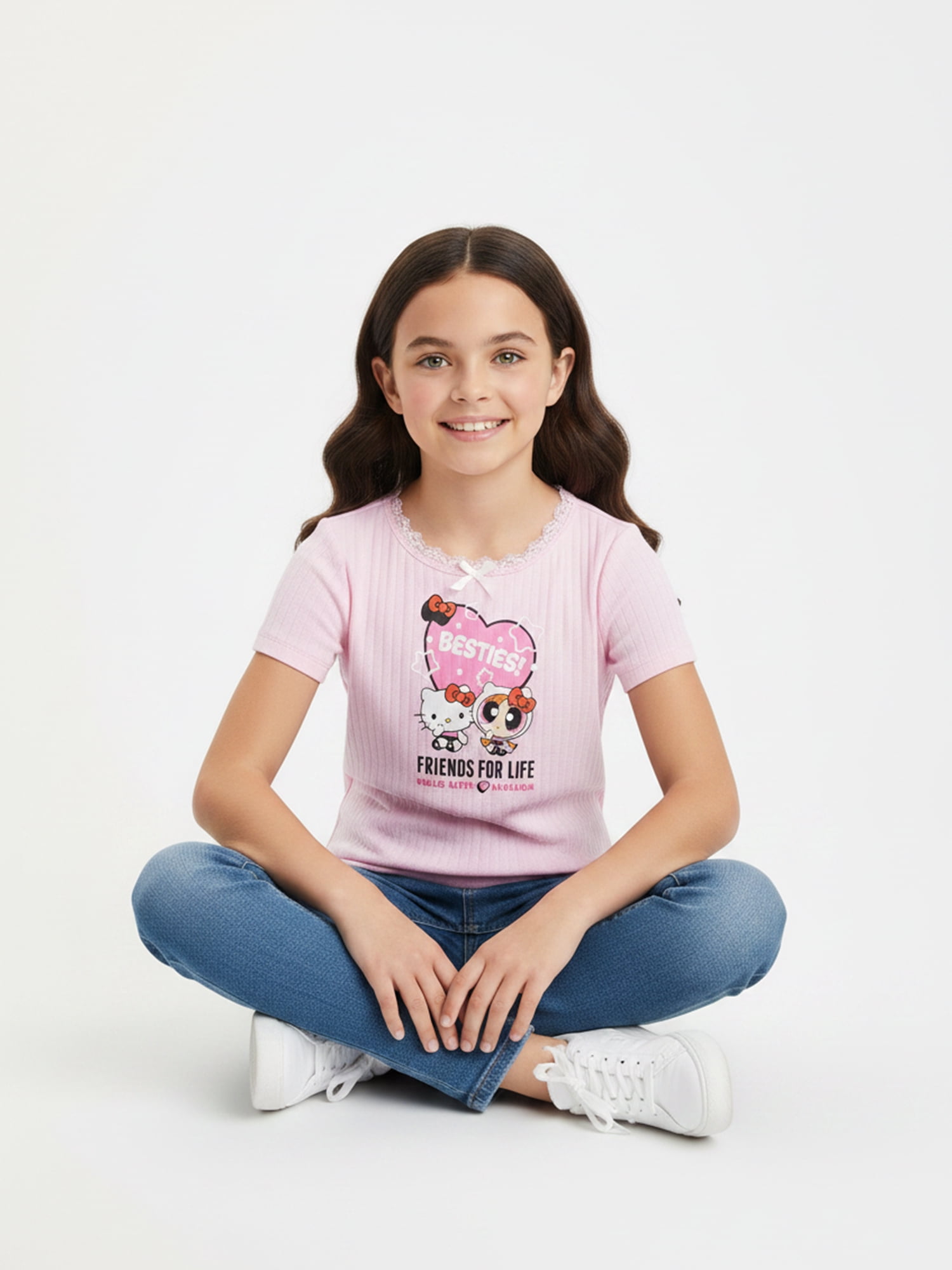 The Powerpuff Girls x Hello Kitty Besties for Life Girl’s Graphic Pointelle Knit Crewneck Tee with Short Sleeves, Sizes 4-16