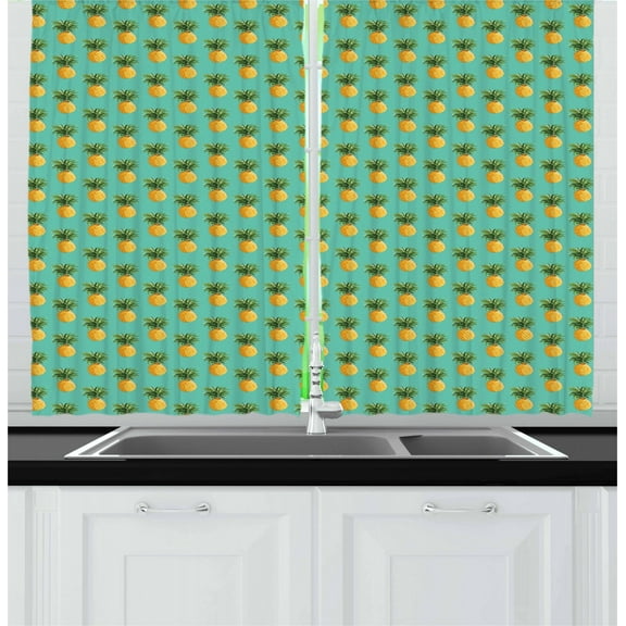 Ambesonne Fruit Kitchen Curtains, Tropical Pineapple Leaves, 55"x39", Turquoise Yellow