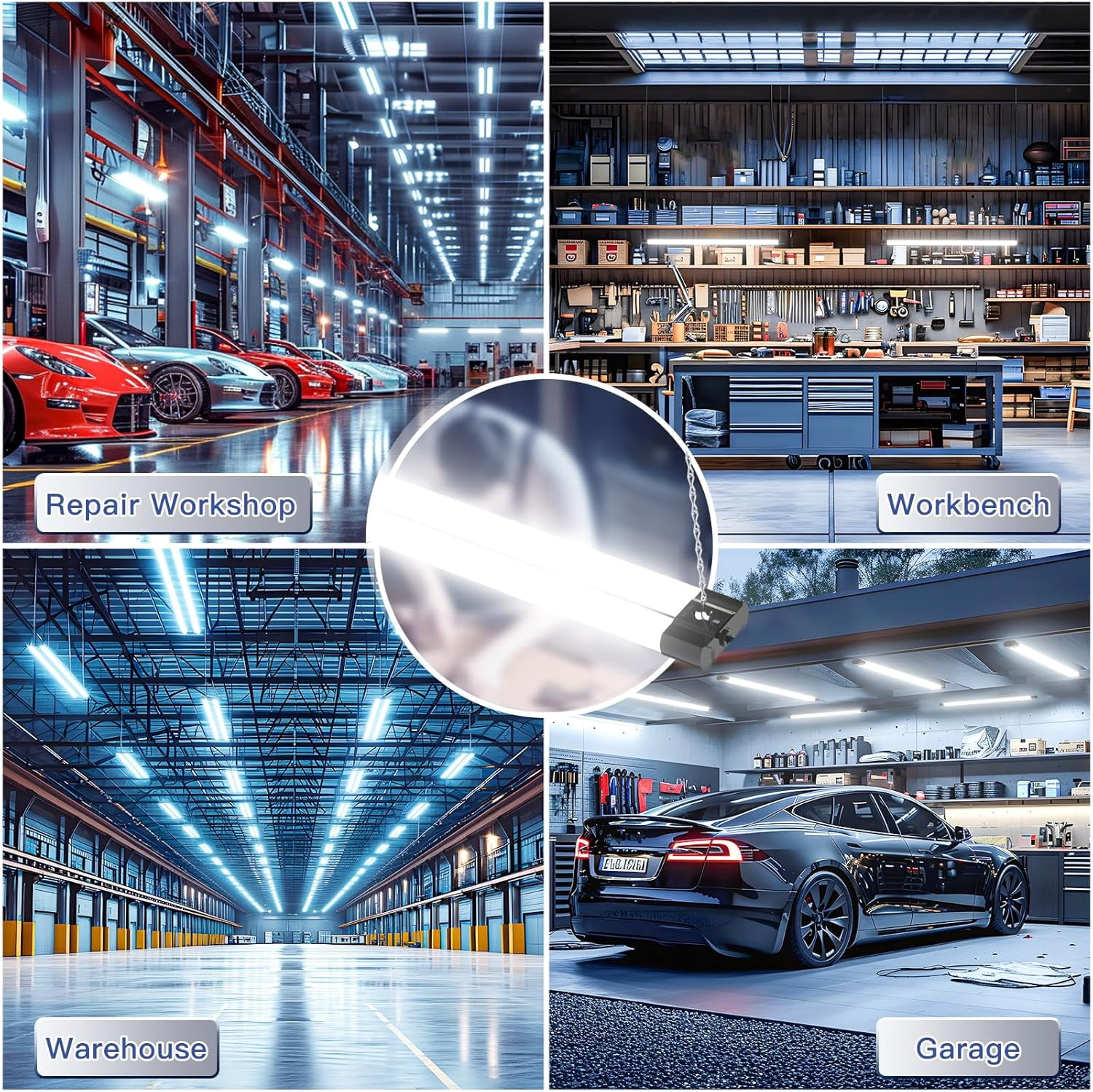 4 Pack Linkable LED Utility Shop Light, 4400 LM, Super Bright 6500K Cool Daylight, 4 FT Integrated Fixture for Garage, 40W Equivalent 250W, Surface + Suspension Mount, Black