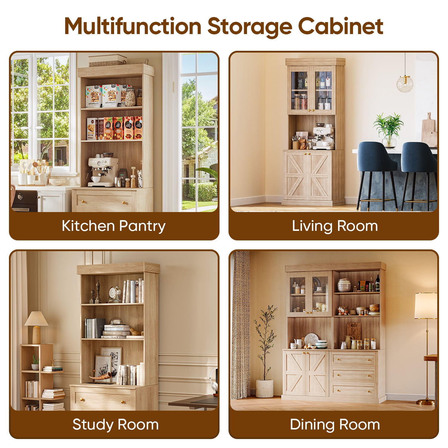 71" Kitchen Pantry Cabinet, Large Kitchen Food Hutch Storage Cabinet with Doors, Drawers & Adjustable Shelves, Tall Modern Coffee Bar with Microwave Stand for Kitchen Living Room,Brown 4PCS