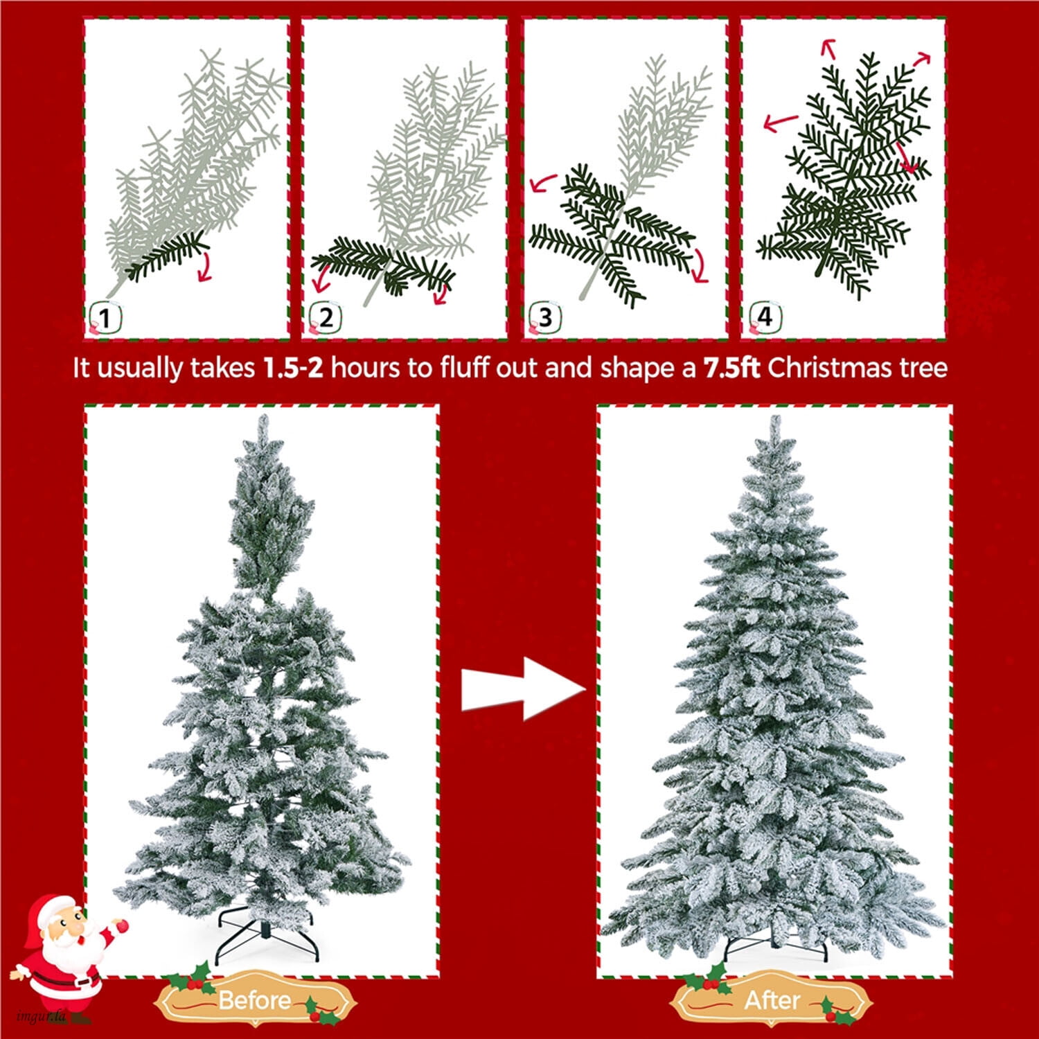Alden Design 7.5FT Pre-lit Snow Flocked Christmas Tree, Christmas Fir Tree with LED Lights and Foldable Stand, Green & White
