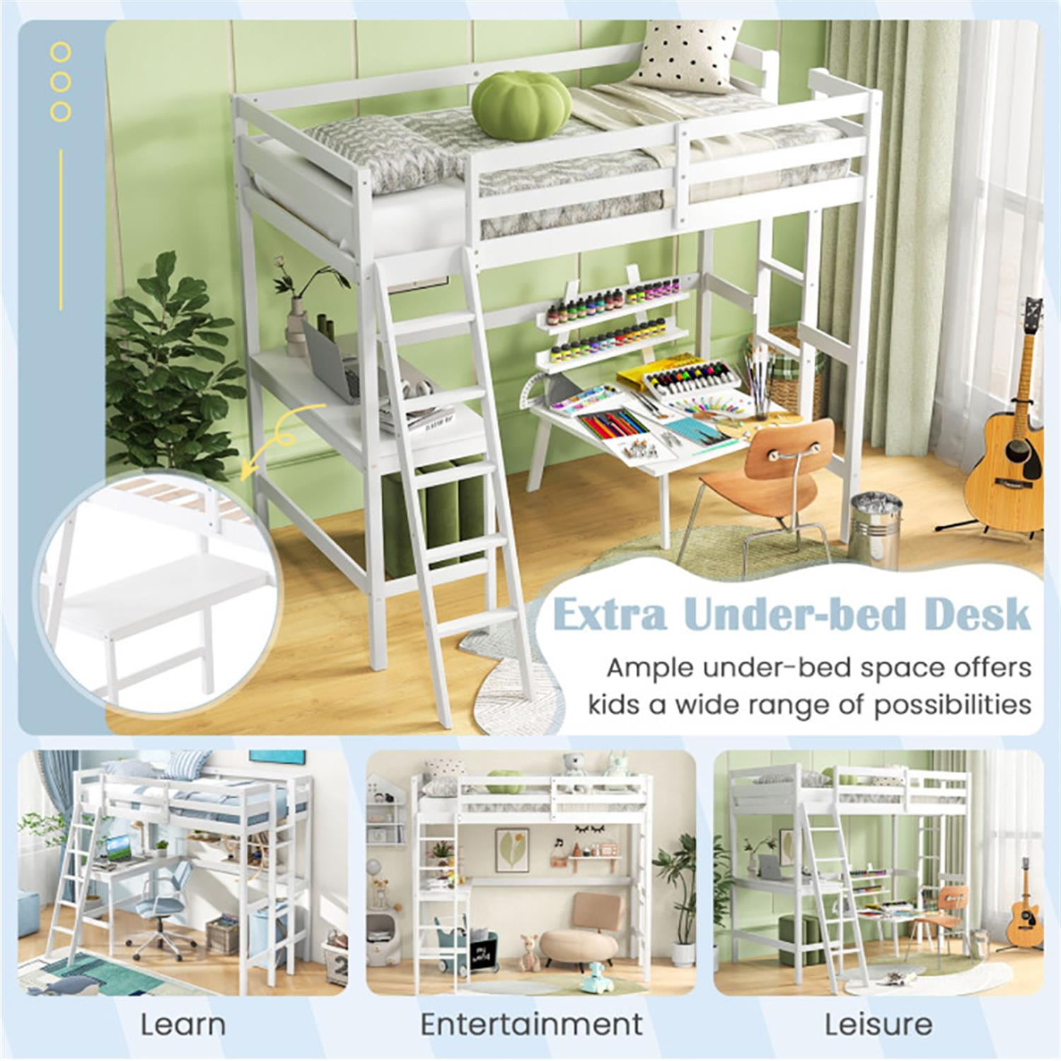 Demi Bonn Loft Bed Twin Size, Solid Wood Loft Bed with Desk Angled and Built-in Ladder, Modern Wooden Playhouse Bed Frame, White