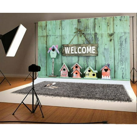 GreenDecor Polyester Fabric 7x5ft Photography Backdrop Happy Easter Welcome Frame Wood Bird House Rustic Paint Stripes Wooden Plank Photo Background Children Baby Adults Portraits