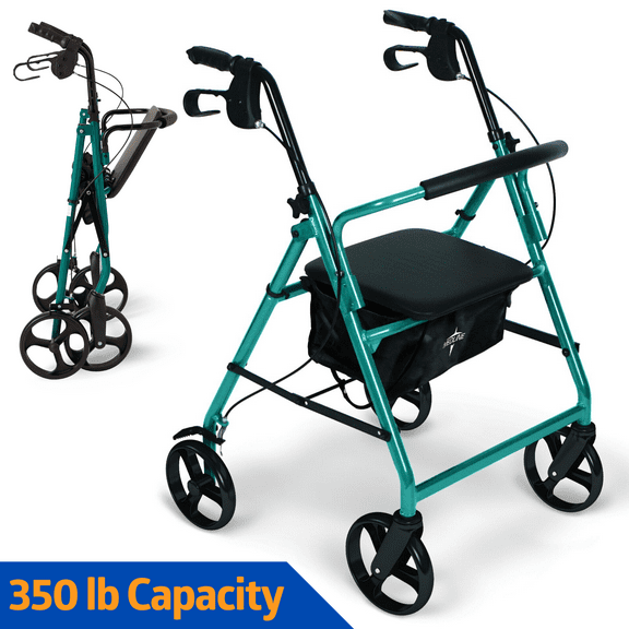 Medline Steel Rollator Walker for Adult, Green, 350 lb. Weight Capacity, 8” Wheels, Foldable, Adjustable Handles