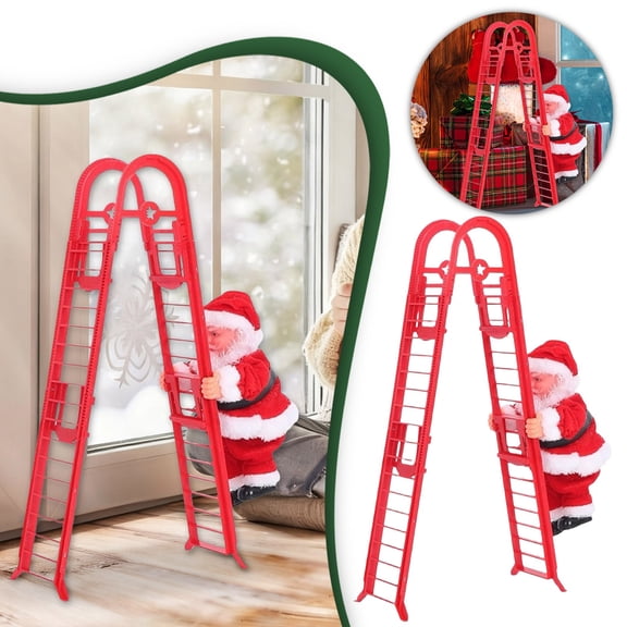 2025 New-Electric Climbing Ladder Santa Claus,Climbing Up and Down Santa Claus on Ladder with Music and Bag,Holiday Party Home Door Wall Tree Decoration Xmas Ornament(White)