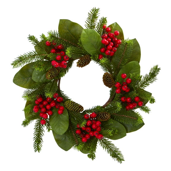Nearly Natural 19" Christmas Magnolia Leaf, Berry and Pine Artificial Wreath