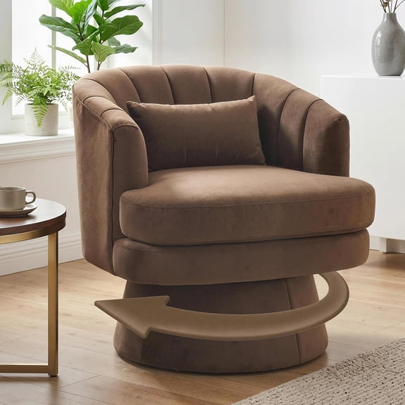 360° Swivel Velvet Barrel Accent Chair with Lumbar Pillow, Upholstered Round Armchair with Pedestal Base for Living Room, Bedroom, Office,coffee