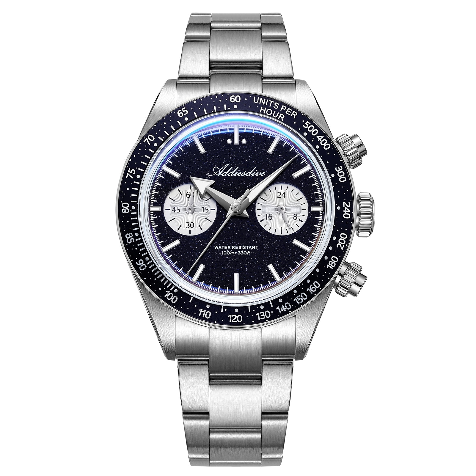 ADDIESDIVE Men's Watch 40mm Chronograph, Japanese VK64 Quartz Movement, Blue Sandstone Dial, Stainless Steel Bracelet, BGW9 Luminous, 100M Waterproof, Gift for Men