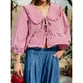 thumbnail image 5 of Women's Blouse Summer Sweet Shirt Plaid Print Lantern Peasant Tops Long Sleeve Doll Collar Tshirts Tie-Up Front Loose Peplum Tops for Casual, 5 of 7