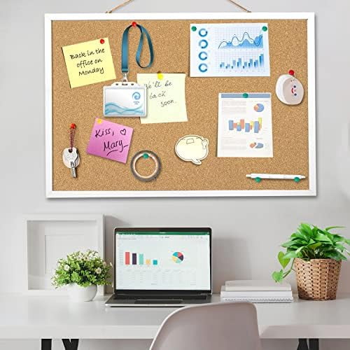 Quivanta Cork Board Bulletin Board 23 x 15.7 Inches with Rectangle White Frame Hanging Pin for Walls Office Message Board or Vision Board Decoration