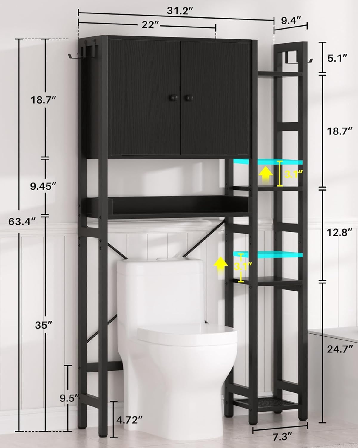 iSunirm Over The Toilet Storage Cabinet with Doors, 7 Tier Freestanding Bathroom Organizer with Adjustable Shelf & 4 Hooks for Bathroom, Restroom, Laundry, Black