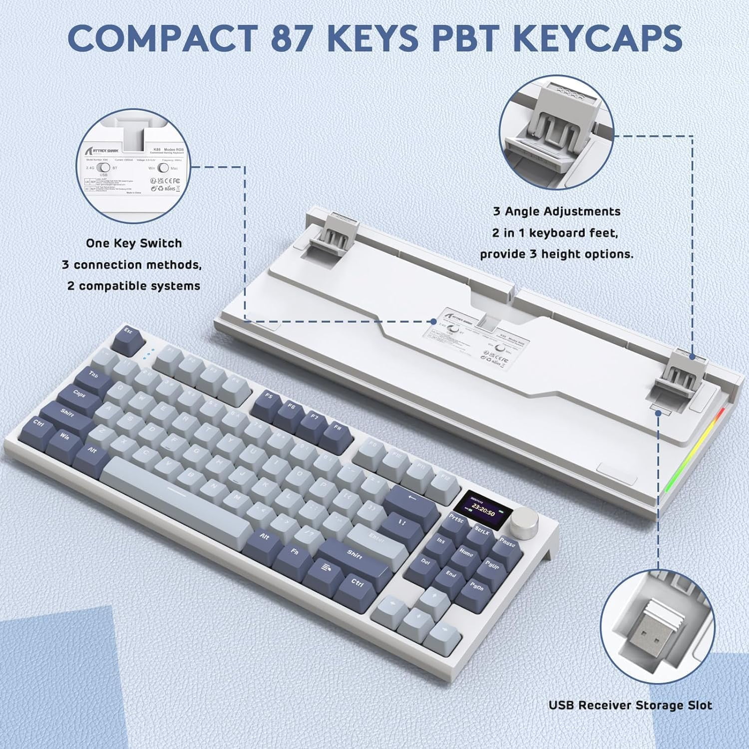 ATTACK SHARK K86 Wireless Mechanical Keyboard 75% with TFT Color Display & Knob Apex Pro TKL, 2.4G/Bluetooth/USB-C Wired RGB Backlit, Hot Swappable