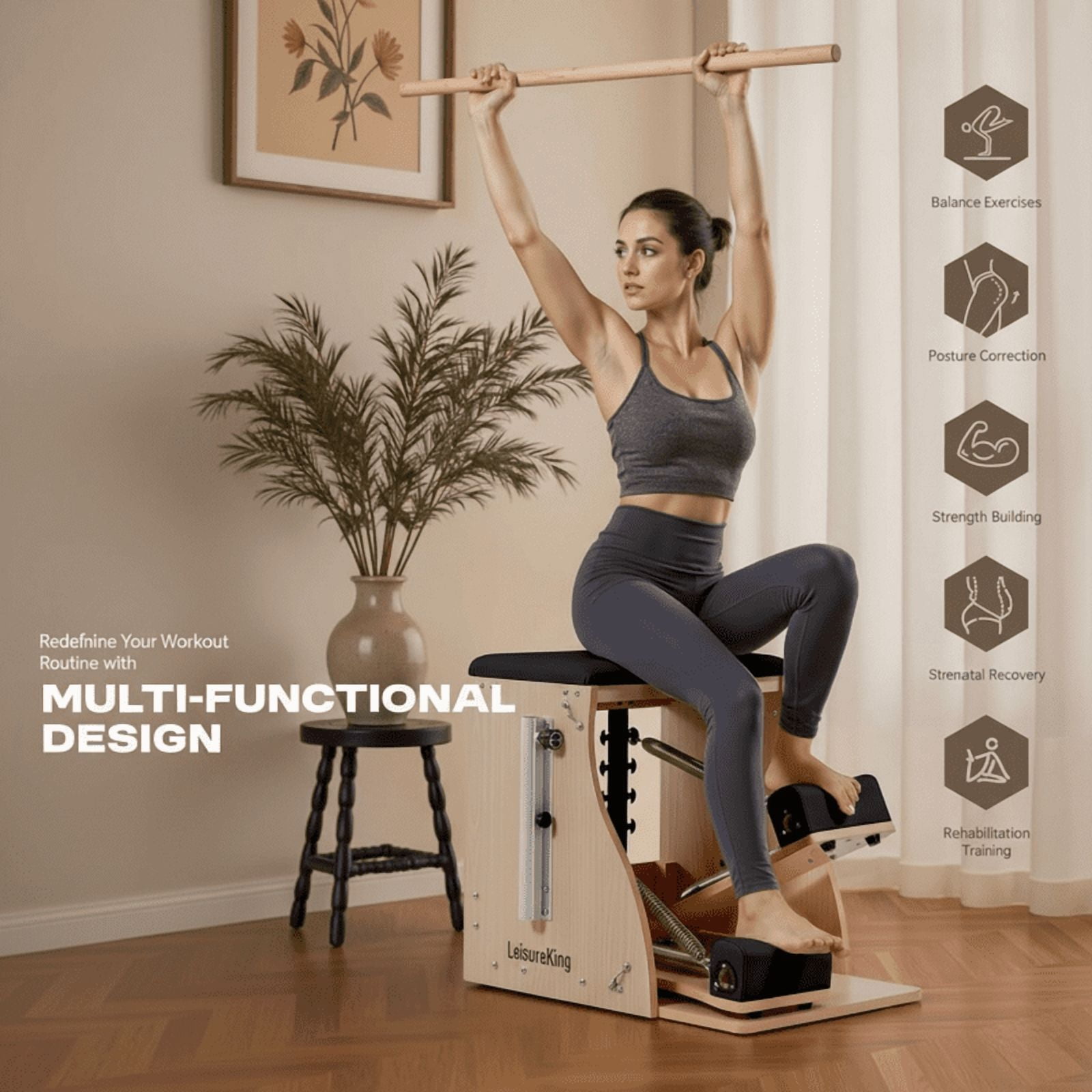 LeisureKing Pilates Combo Chair for Home Workouts, Wunda Chair with 5-Level Handles, Split Pedals, Resistance Bands, for Studio, Gym, Pilates Workout, Rehabilitation Exercises, Easy Assembly, Black