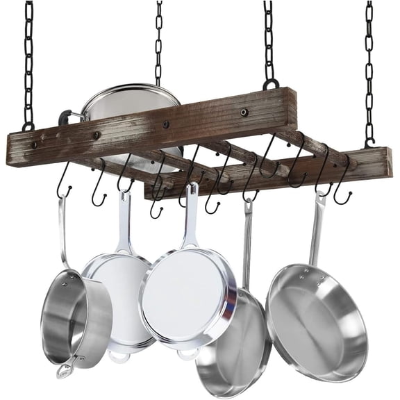 This hanging pot rack can be used as a frying pan hook, ceiling or wall-mounted hook, and is a multi-functional retro wooden and metal kitchen utensil storage and organization rack with 16 practical