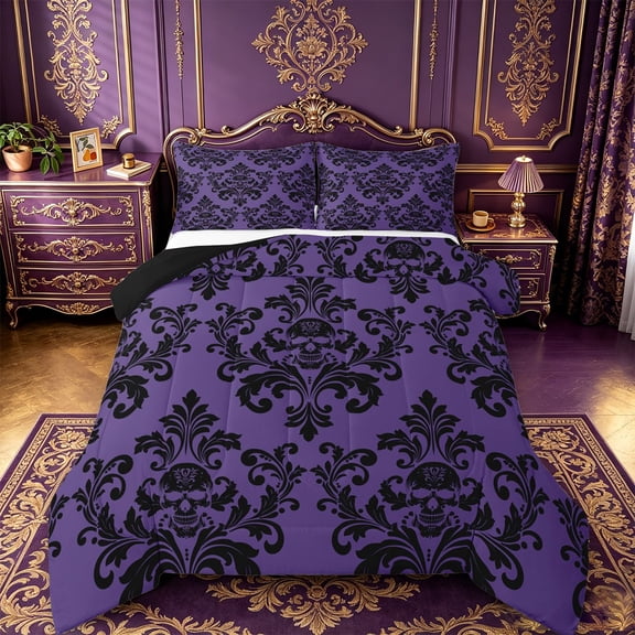 jejeloiu Spooky Skull Queen Comforter Set,Damask Pattern Comforter Sets Queen For Adults,Purple Black,Black Reversible,3 Pieces,1 Comforter and 2 Pillowcases