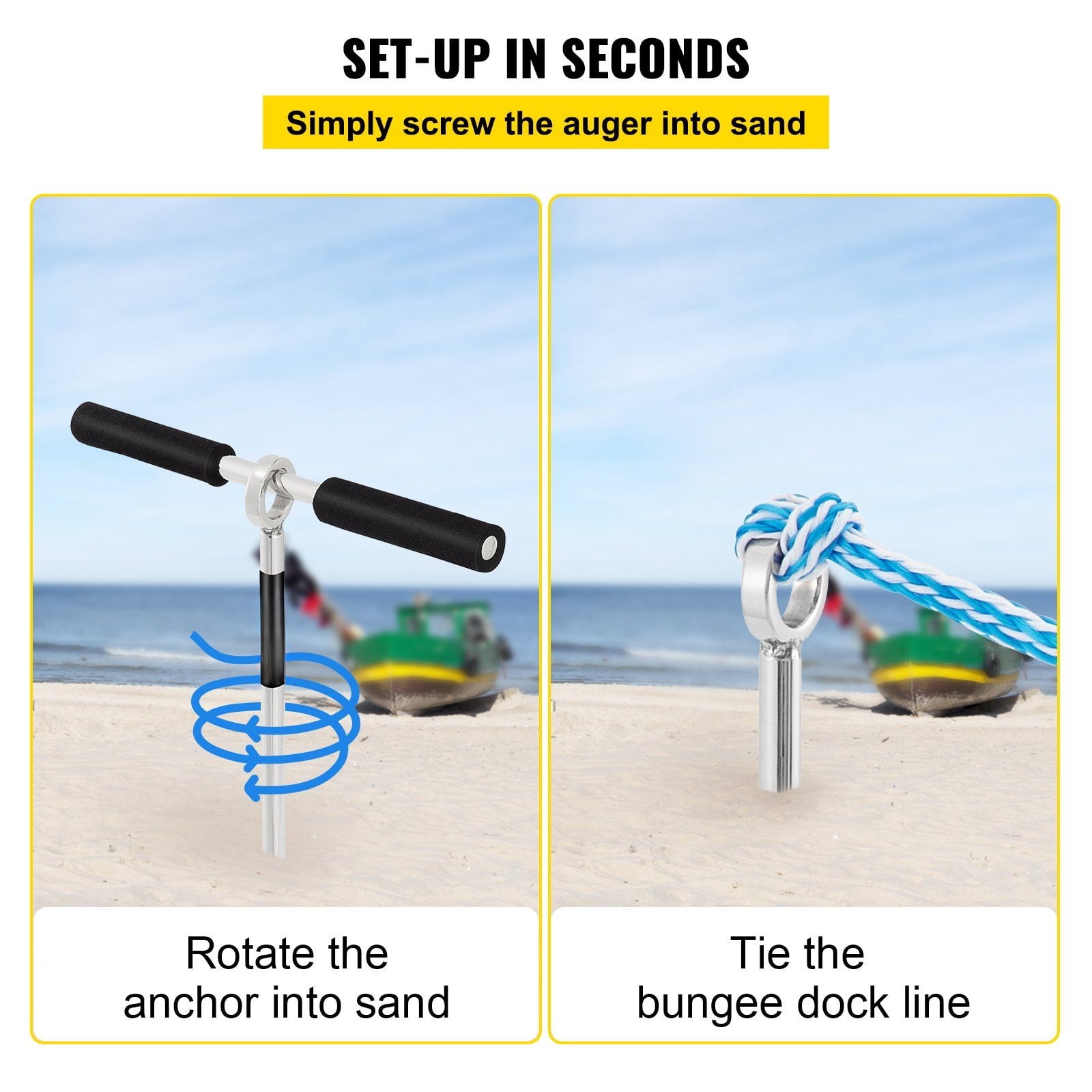 36" Stainless Steel Sand Screw Anchor, 316 Marine-Grade Auger with Removable Torque Handle & Bungee Tether, for Jet Ski Beach Parking, PWC Sandbar Mooring and Kayak/Pontoon Shore Anchoring