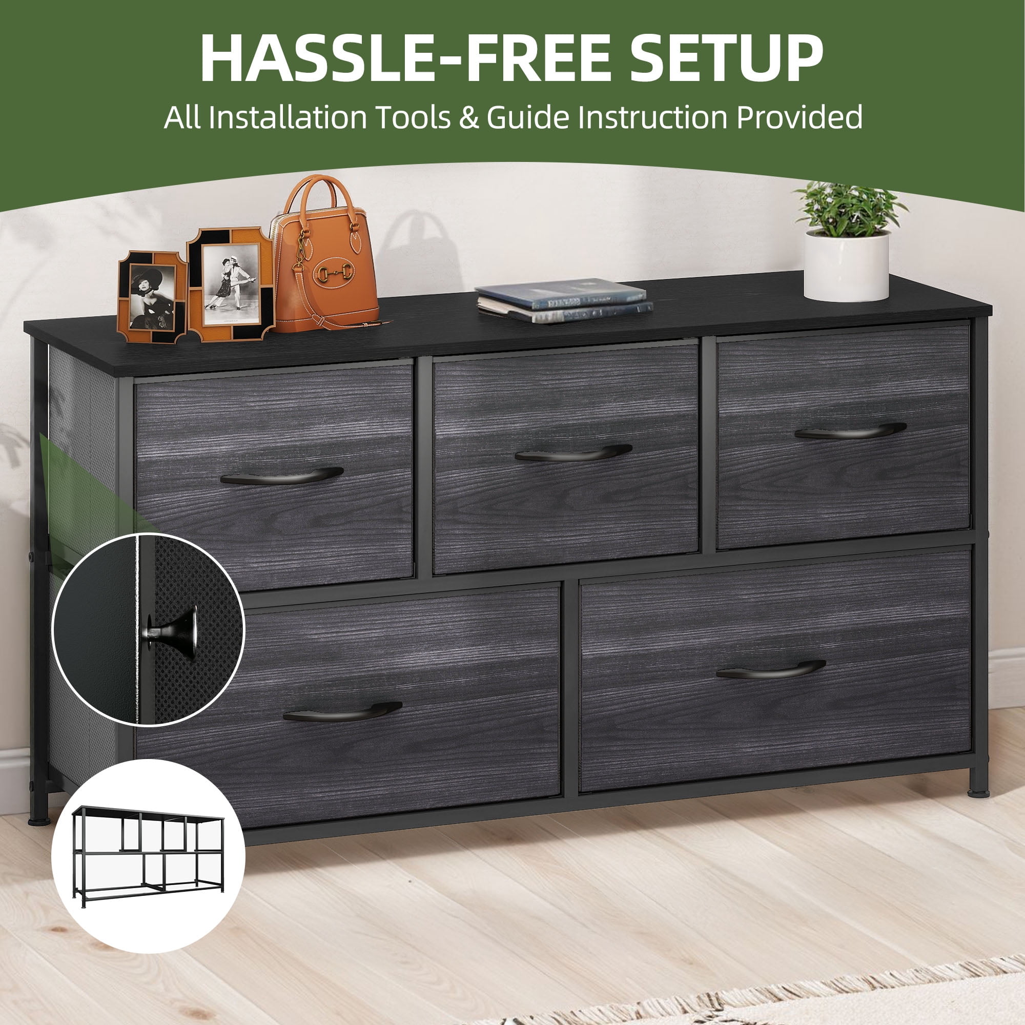 Dextrux 5 Drawers Fabric Storage Dresser - Organizer Unit for , Living Room, Closets